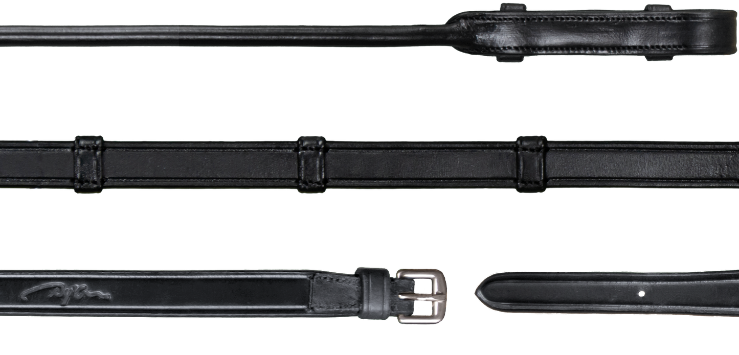 Dyon - Round Leather Dressage Collection - Full Leather Double Bridle Reins with 7 loops Black - Little Equine Co.