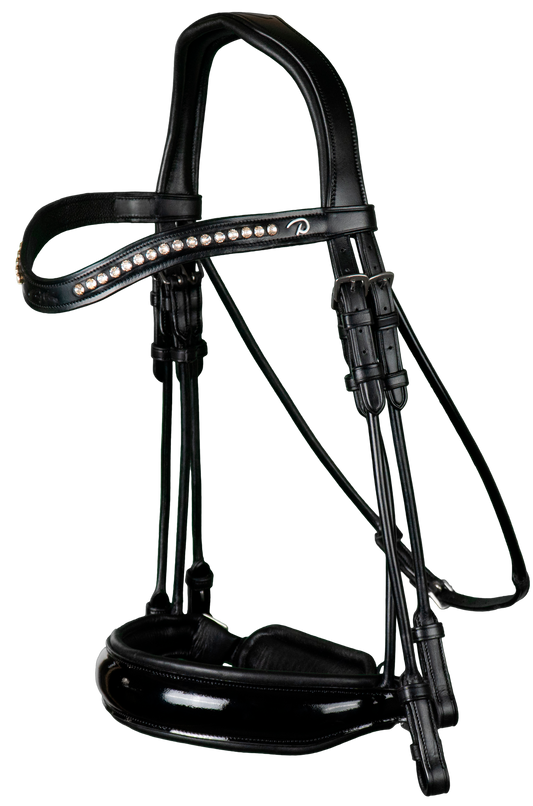 Dy'on Round Leather Patent Large Crank Noseband Double Bridle Black Full - Little Equine Co.