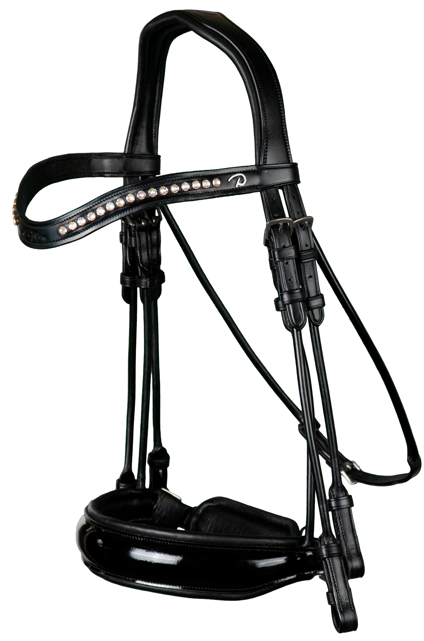 Dy'on Round Leather Patent Large Crank Noseband Double Bridle Black Full - Little Equine Co.